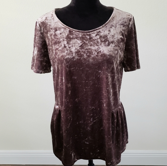 Pleione Tops - B2G1 Pleione Brown Velvet Peplum Hem Blouse